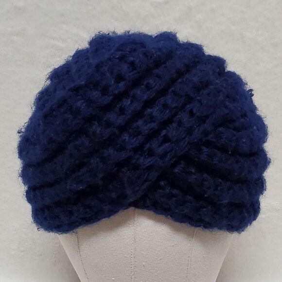 VINTAGE 1970s K-Mart Blue Thick Crochet Knit Turban Boho Headwrap Hat Beanie - Picture 2 of 7